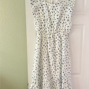 Gilli White Midi Dress with Blue Floral Print and Ruffle Trim